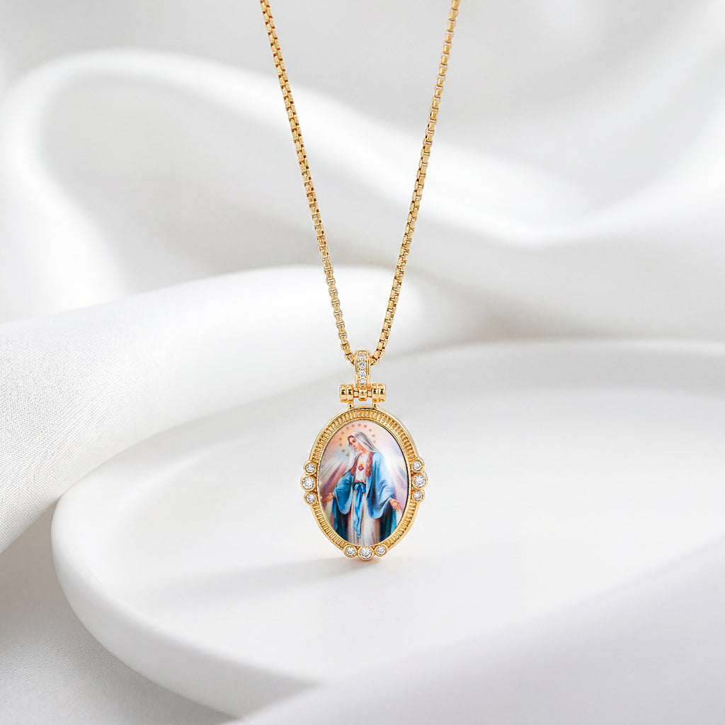 GIVELUCK 18k Plated Gold Pendant Necklace Enamel Eternal Halo Miraculous Medal for Women and Men