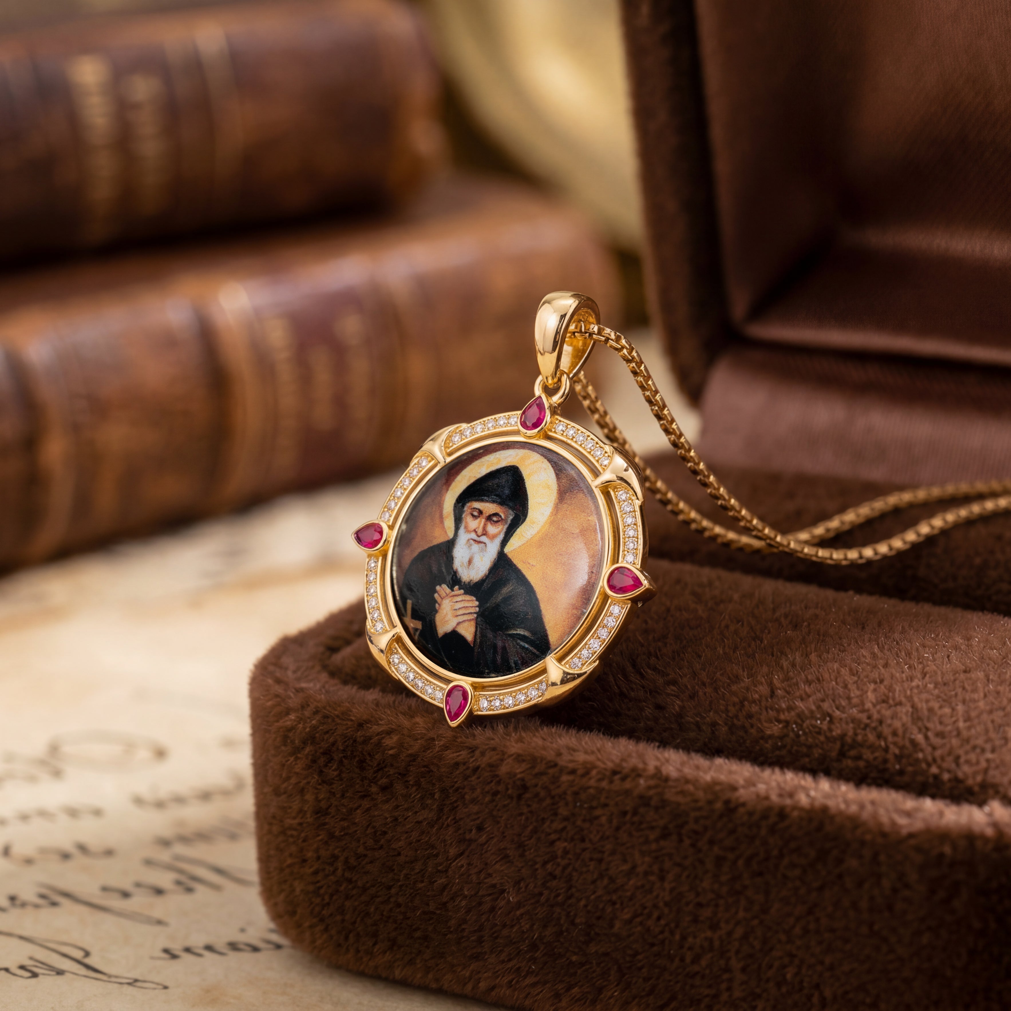 GIVELUCK 18k Plated Gold Catholic Saint Charbel Devotional Medal Enamel Pendant Necklace