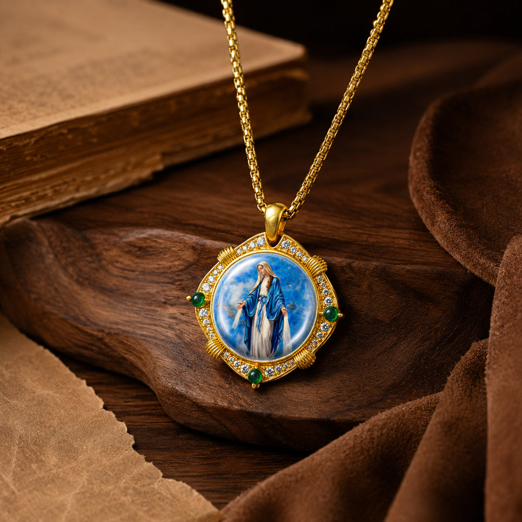 Miraculous Medal Necklace, Lapis Lazuli Pendant, 18K Gold Plated Catholic Jewelry (Round or Oval)