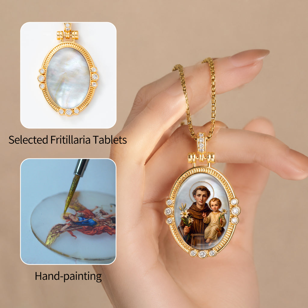 GIVELUCK St. Anthony of Padua Necklace for Men & Women, 18K Gold Plated Mother of Pearl St. Anthony of Padua Pendant with Zircon, Catholic Protection Jewelry Gift
