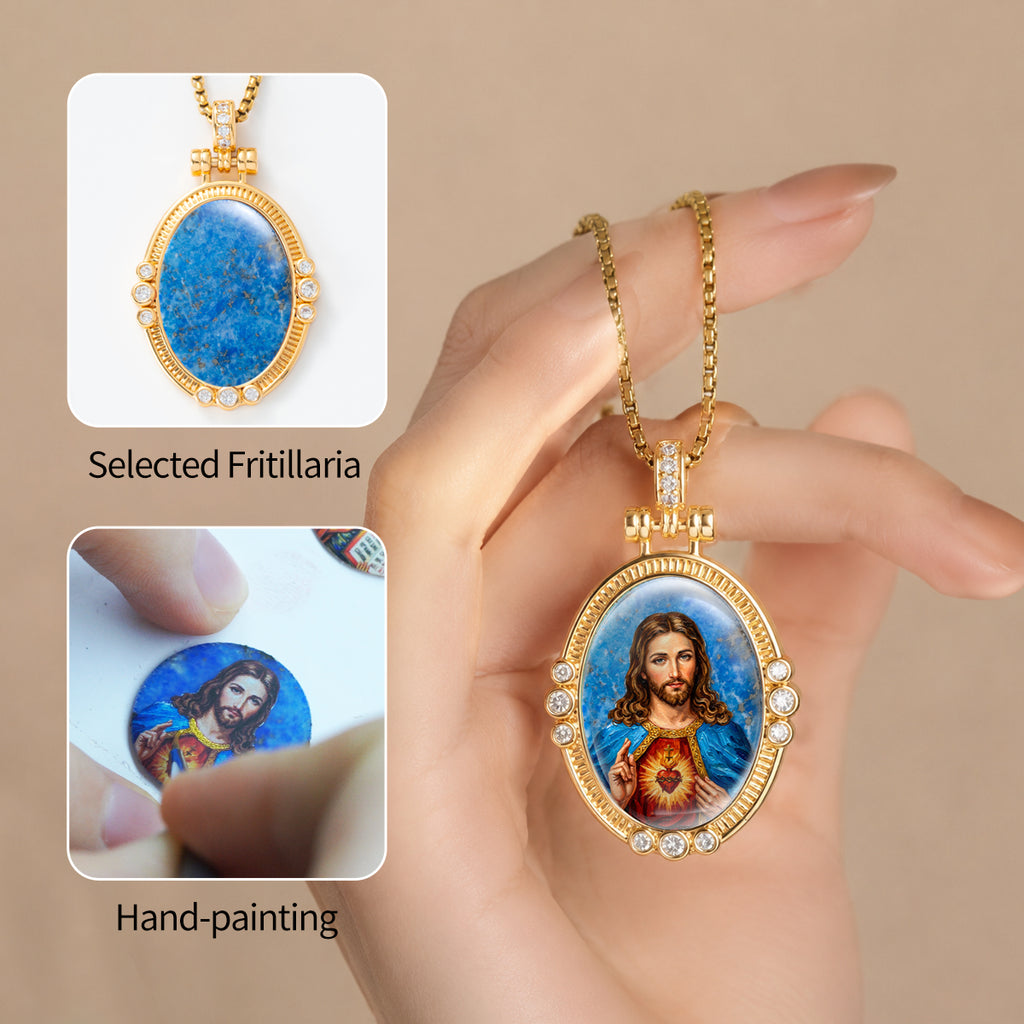 GIVELUCK St. Benedict Necklace for Men & Women, 18K Gold Plated Lapis Lazuli St. Benedict Pendant with Zircon, Catholic Protection Jewelry Gift