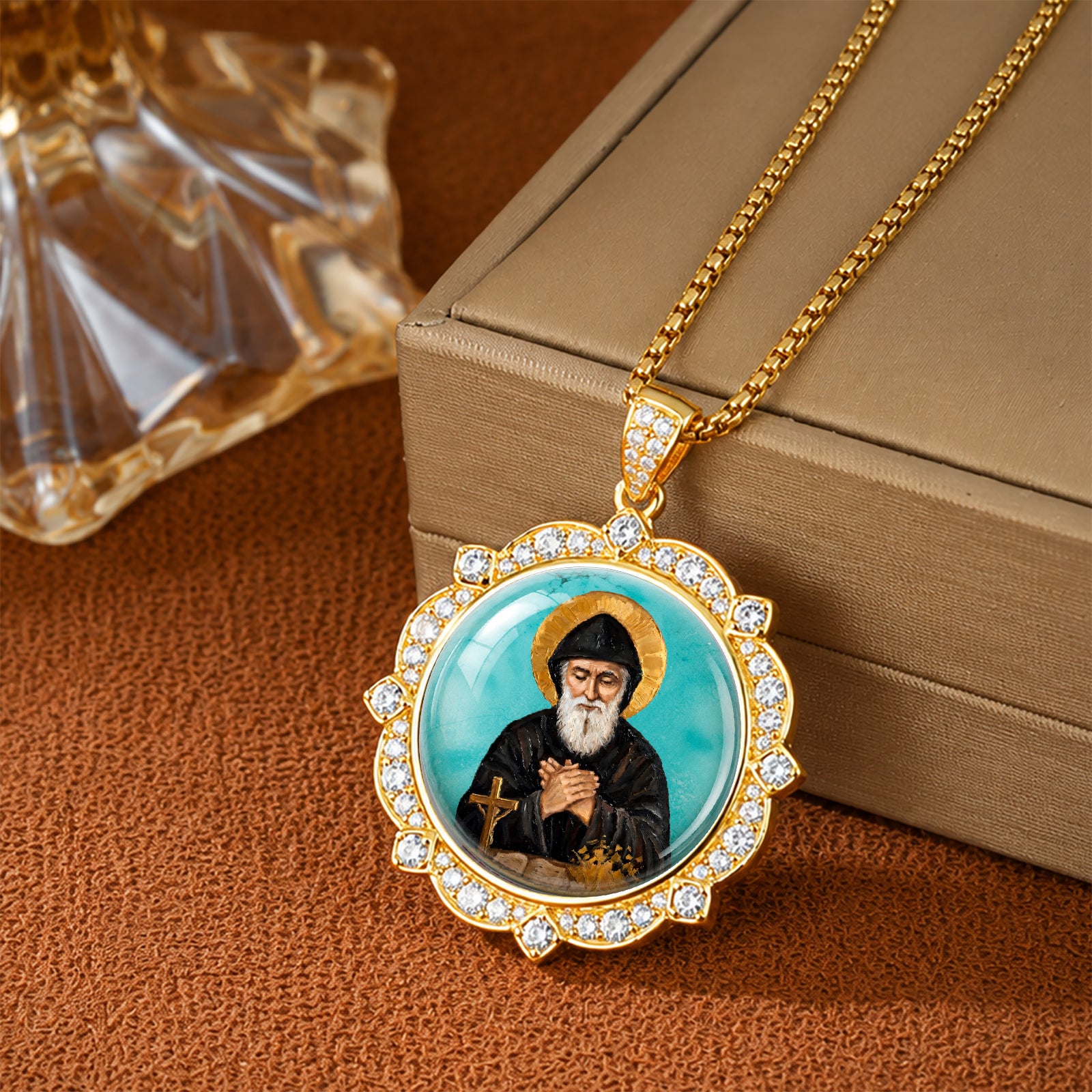 GIVELUCK St. Charbel Necklace for Men & Women, 18K Gold Plated Turquoise St. Charbel Pendant with Zircon, Catholic Protection Jewelry Gift