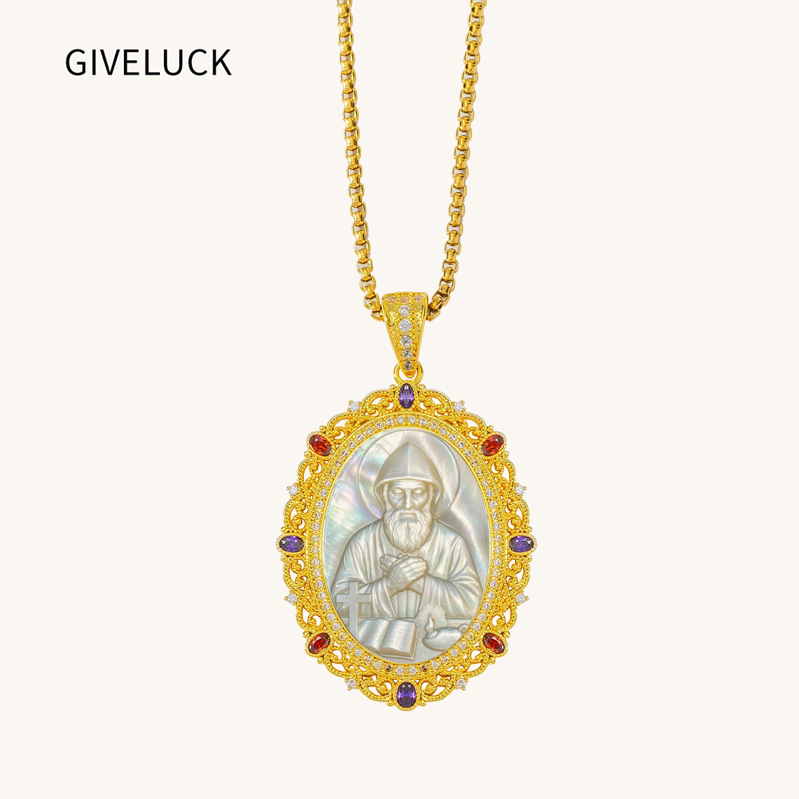 St. Charbel Mother of Pearl Cameo Pendant Necklace, 18K Gold Plated Zircon Religious Jewelry