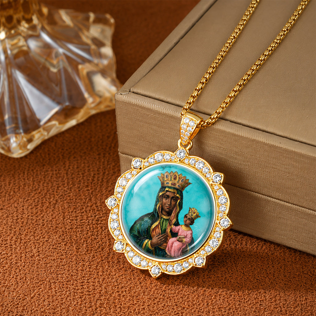 GIVELUCK Black Madonna Necklace for Men & Women, 18K Gold Plated Turquoise Black Madonna Pendant with Zircon, Catholic Protection Jewelry Gift