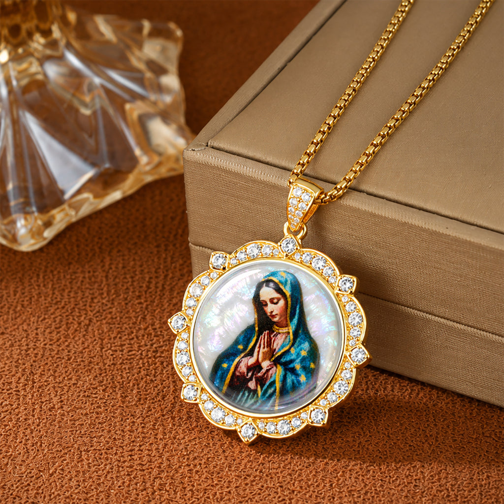 GIVELUCK Our Lady of Guadalupe Virgin Mary Miraculous Medal Necklace for Men & Women, 18K Gold Plated Mother of Pearl Saint Christopher Pendant with Zircon, Catholic Protection Jewelry Gift