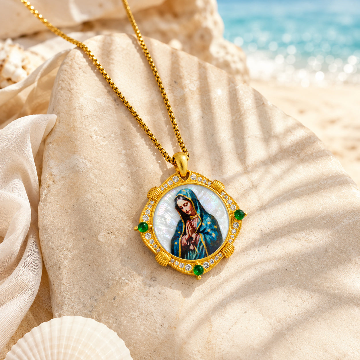 GIVELUCK Our Lady of Guadalupe Virgin Mary Miraculous Medal Necklace for Men & Women, 18K Gold Plated Mother of Pearl Saint Christopher Pendant with Zircon, Catholic Protection Jewelry Gift