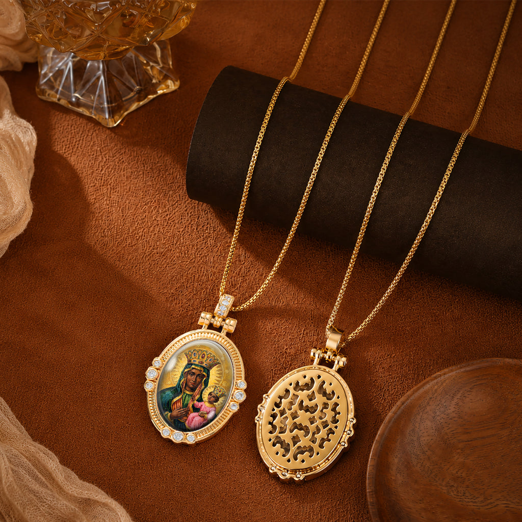 Black Madonna Enamel Pendant Necklace, 18K Gold Plated Virgin Mary Religious Jewelry