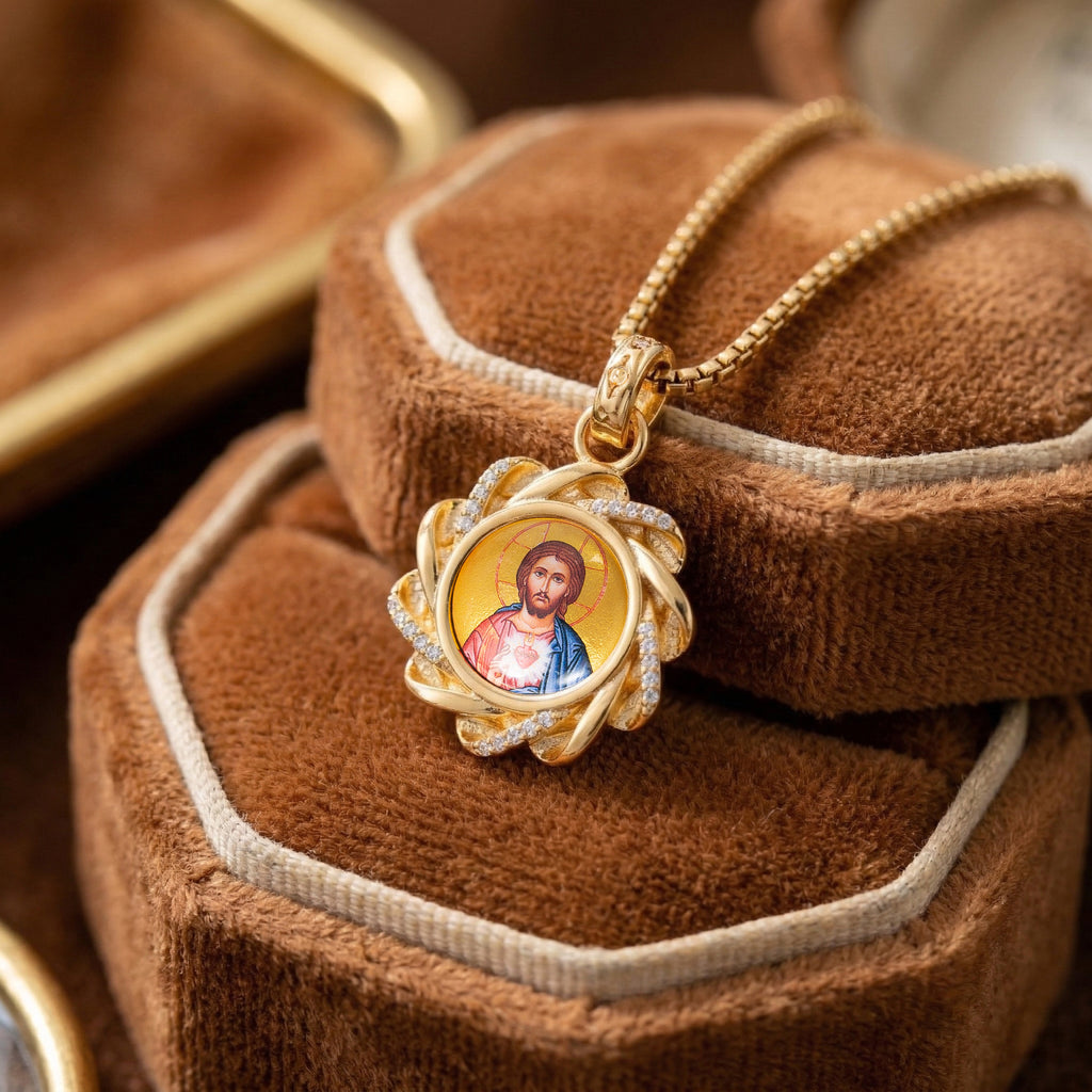 18k Plated Gold Pendant Necklace Enamel Eternal Grace Jesus Christ Devotional Medal for Men and Women