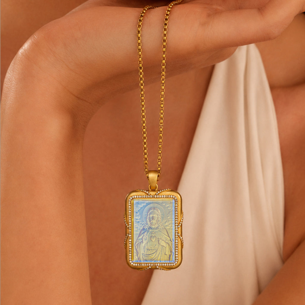 Sacred Heart Jesus Necklace, 18K Gold Plated Intaglio Carved Pendant, Catholic Religious Jewelry