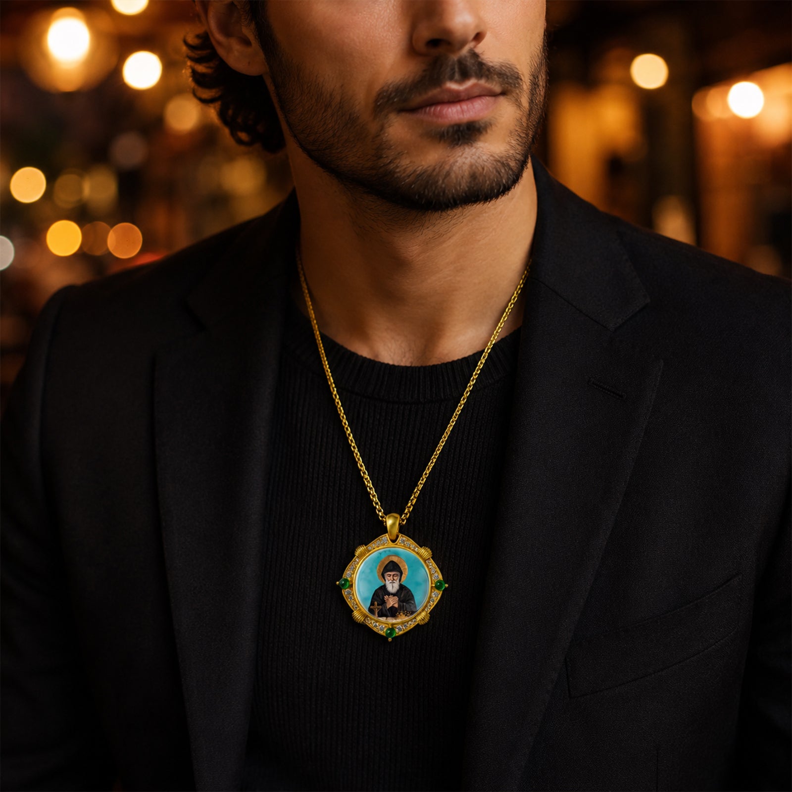 GIVELUCK St. Charbel Necklace for Men & Women, 18K Gold Plated Turquoise St. Charbel Pendant with Zircon, Catholic Protection Jewelry Gift
