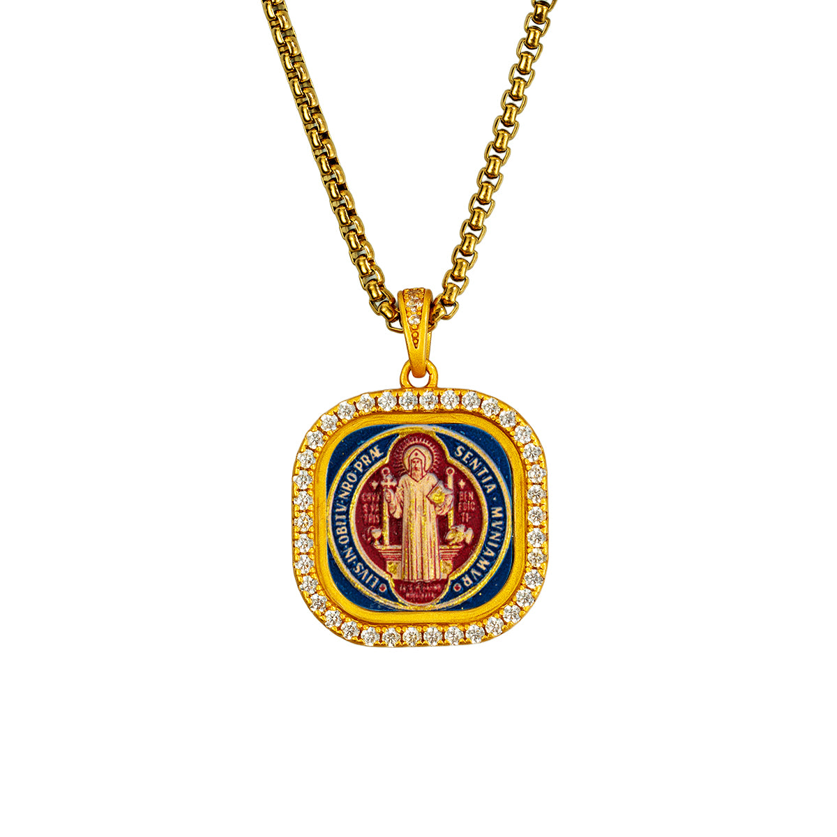GIVELUCK 18k Plated Gold Zircon Pendant Catholic St. Benedict Devotional Medal Cameo Embossing Pendant Necklace（S）