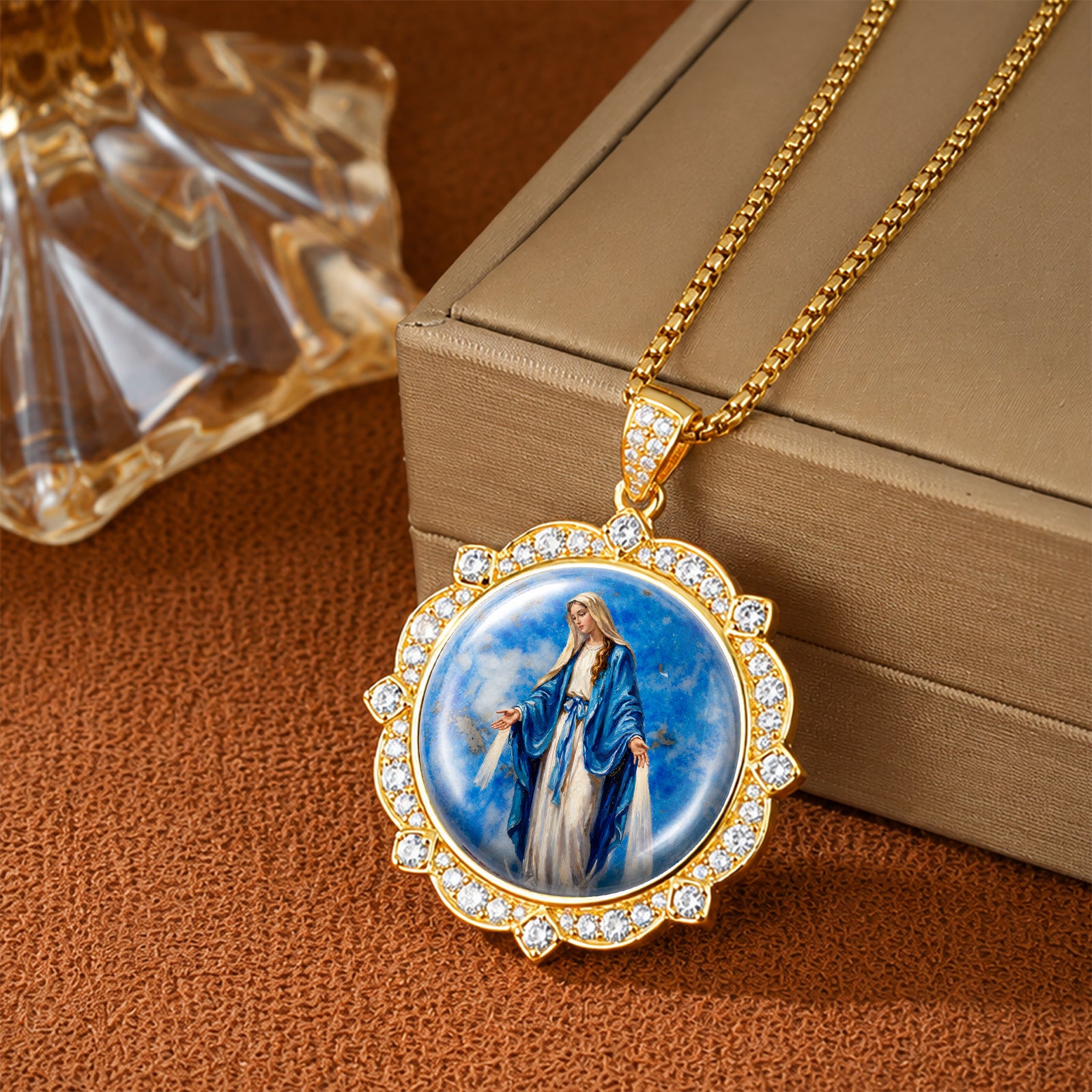 Miraculous Medal Necklace, Lapis Lazuli Pendant, 18K Gold Plated Catholic Jewelry (Round or Oval)