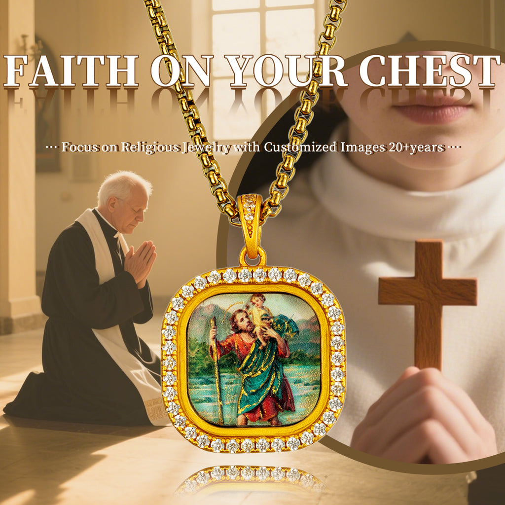 GIVELUCK 18k Plated Gold Catholic Zircon Pendant Necklace Cameo Embossing Mary-the-Blessed-Virgin Miraculous Medal（S）