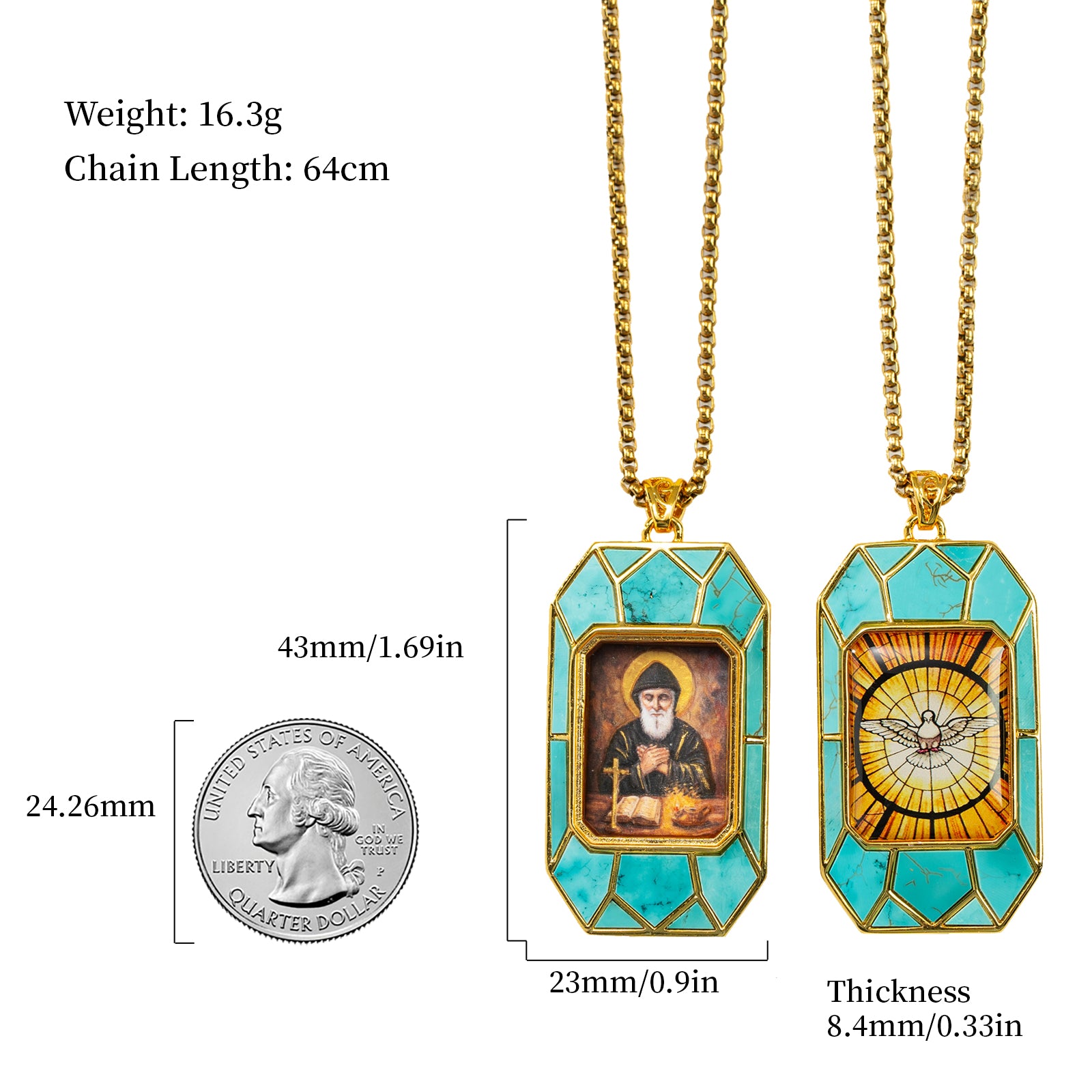 Saint Charbel Necklace, Hand-Painted Icon Pendant, 18K Gold Plated, Turquoise or Mother of Pearl
