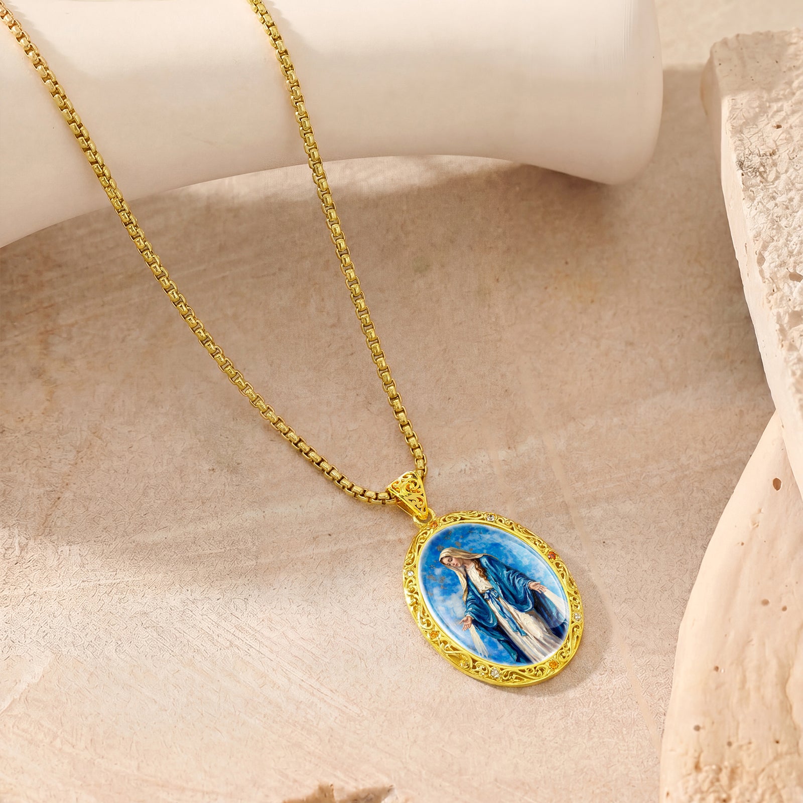 Miraculous Medal Necklace, Lapis Lazuli Pendant, 18K Gold Plated Catholic Jewelry (Round or Oval)
