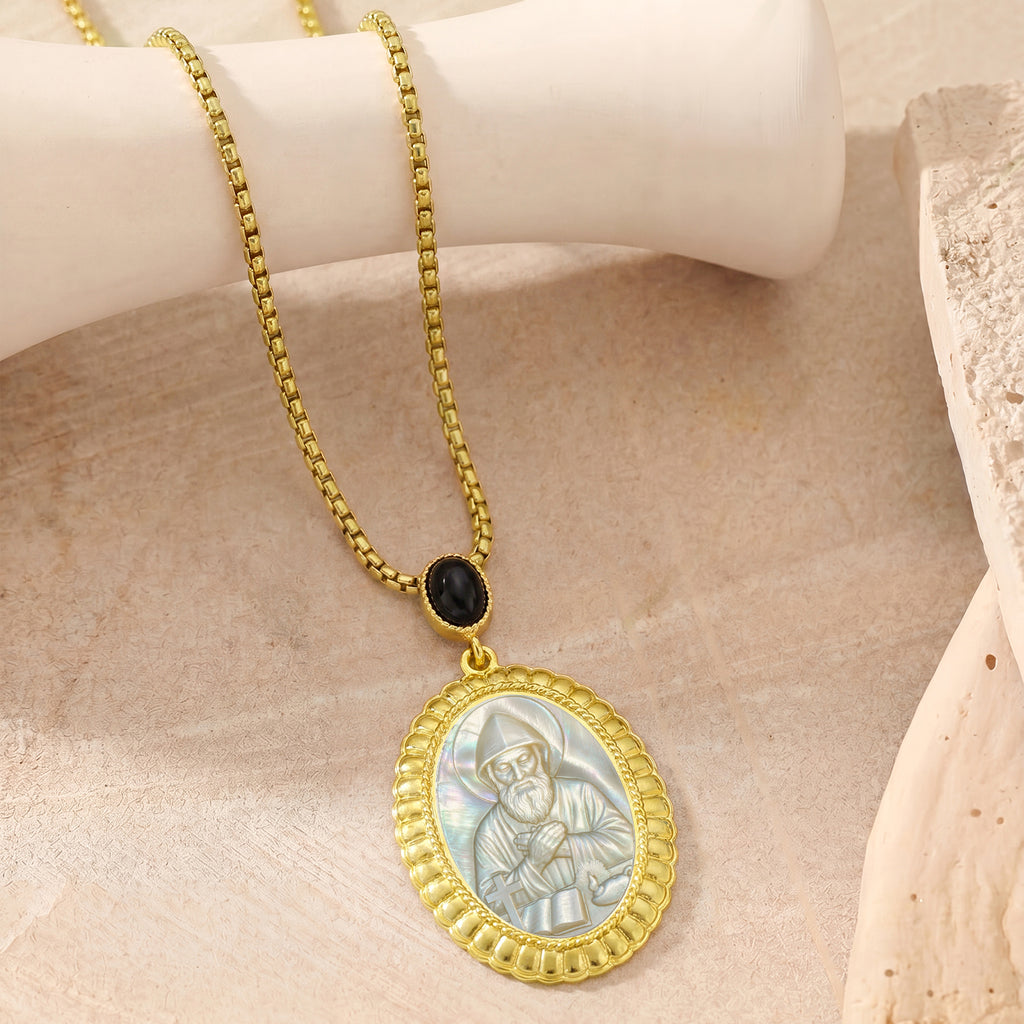 St. Charbel Mother of Pearl Cameo Pendant Necklace, 18K Gold Plated Zircon Religious Jewelry