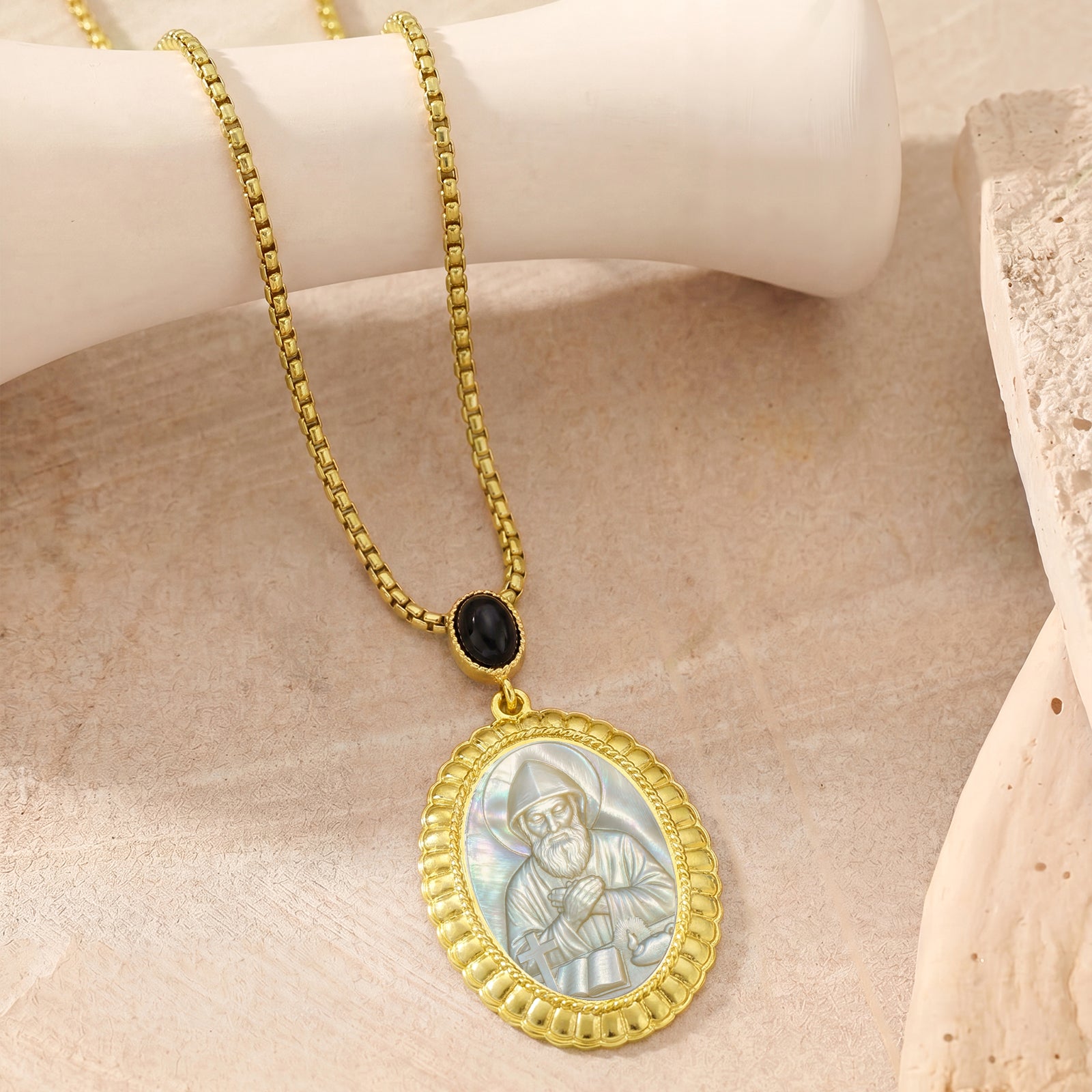 St. Charbel Mother of Pearl Cameo Pendant Necklace, 18K Gold Plated Zircon Religious Jewelry