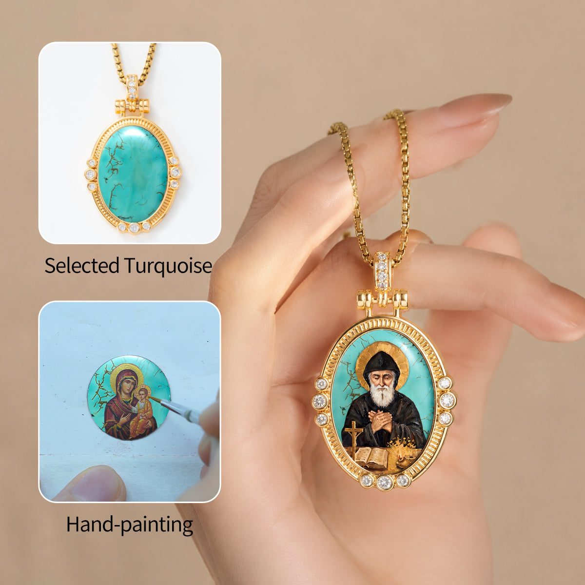 GIVELUCK St. Charbel Necklace for Men & Women, 18K Gold Plated Turquoise St. Charbel Pendant with Zircon, Catholic Protection Jewelry Gift