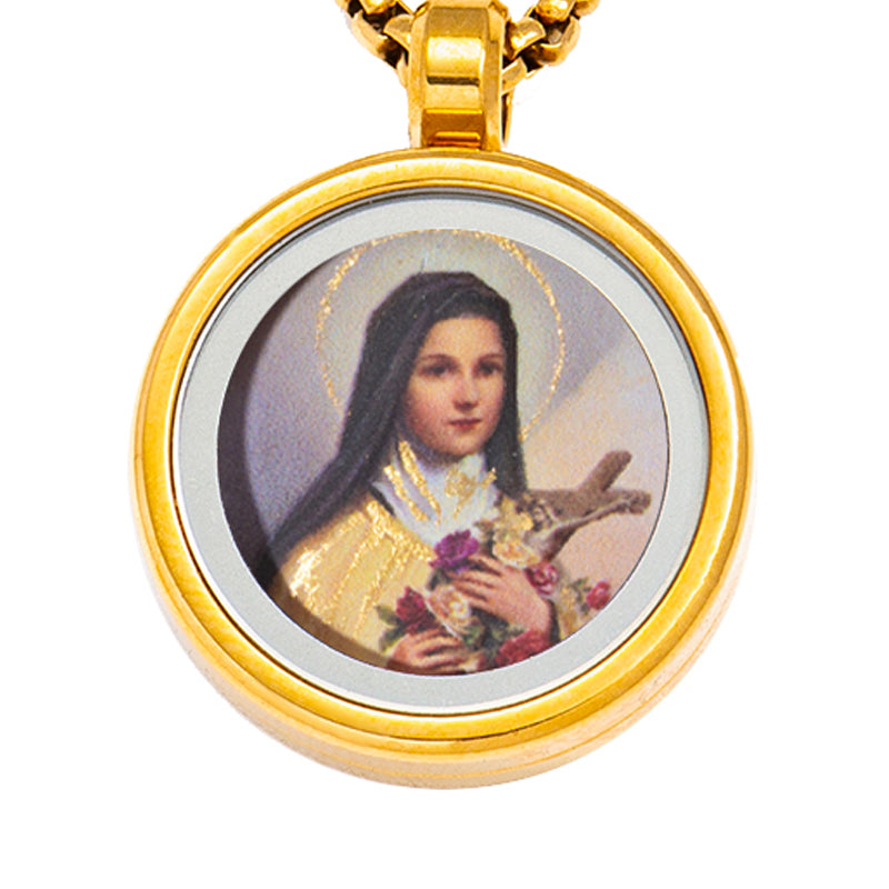 GIVELUCK 18k Plated Gold Pendant Necklace for Women and Men Cameo Embossing Catholic Medal Saint Therese of Lisieux Devotional Protection Medal
