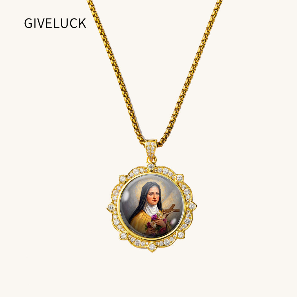 Saint Therese Little Flower Necklace, 18K Gold Plated Enamel Pendant, Zircon Accents