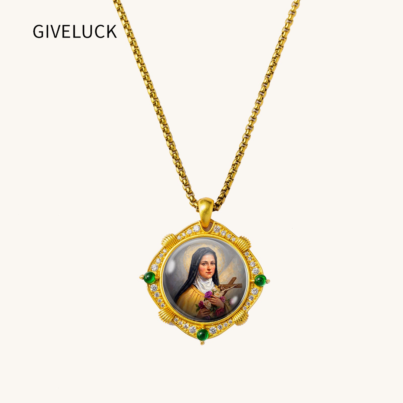 Saint Therese Little Flower Necklace, 18K Gold Plated Enamel Pendant, Zircon Accents