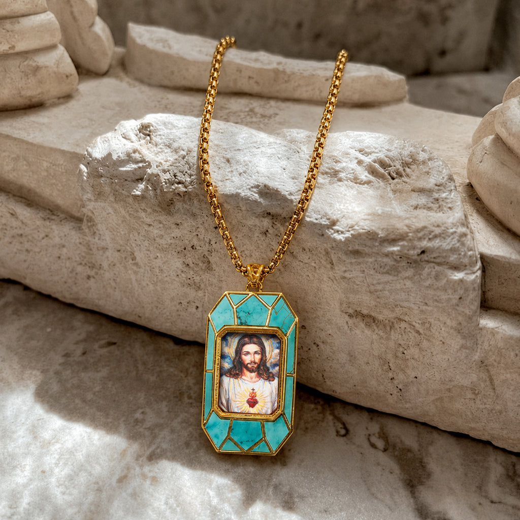 Sacred Heart Jesus Necklace, Christ Pendant, 18K Gold Plated Catholic Jewelry, Turquoise or Mother of Pearl Inlay, Hand Painted Medal