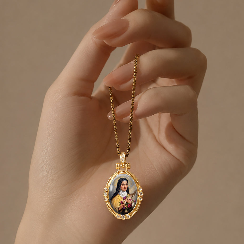 Saint Therese Little Flower Necklace, 18K Gold Plated Enamel Pendant, Zircon Accents