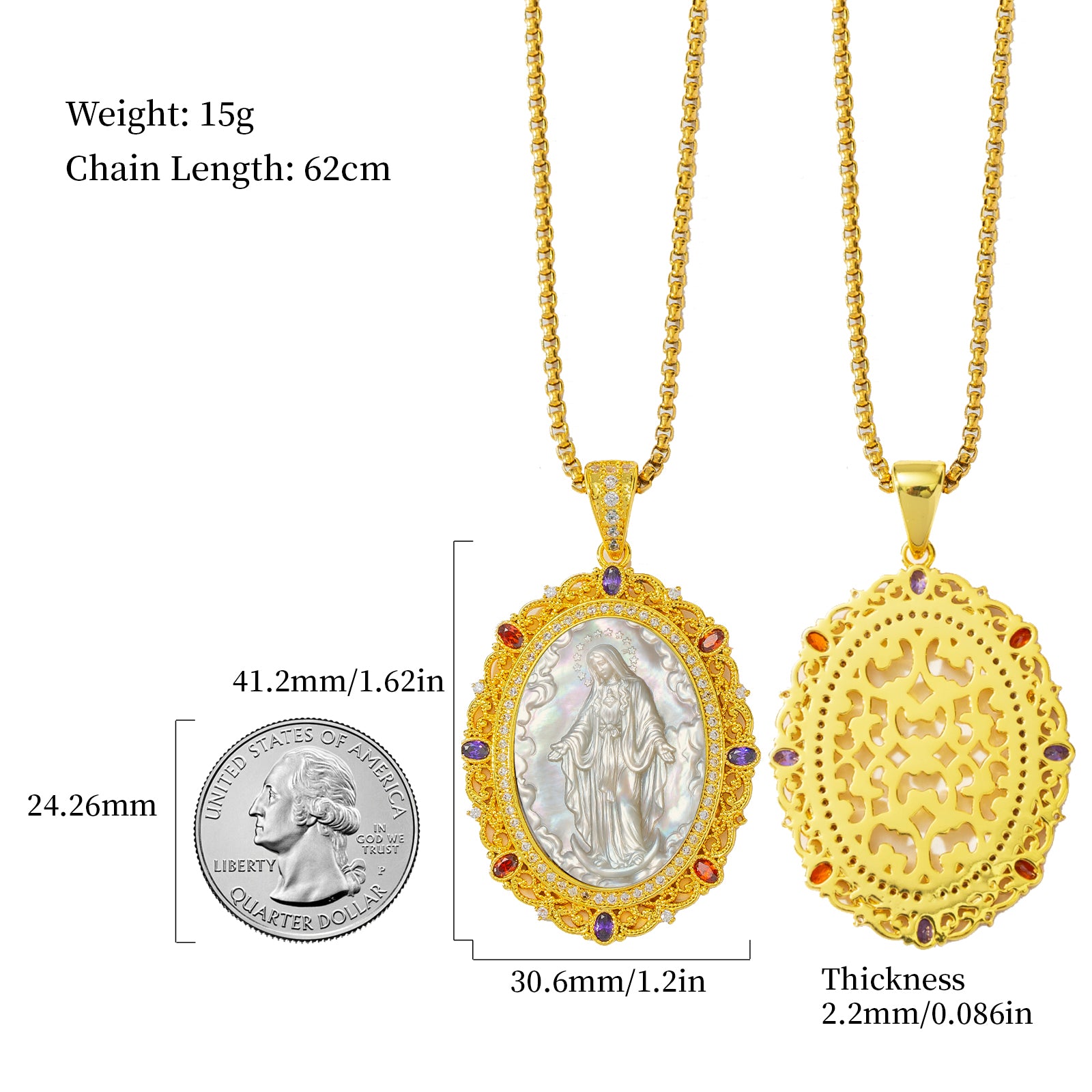 Miraculous Medal Necklace, 18K Gold Plated Virgin Mary Cameo Pendant