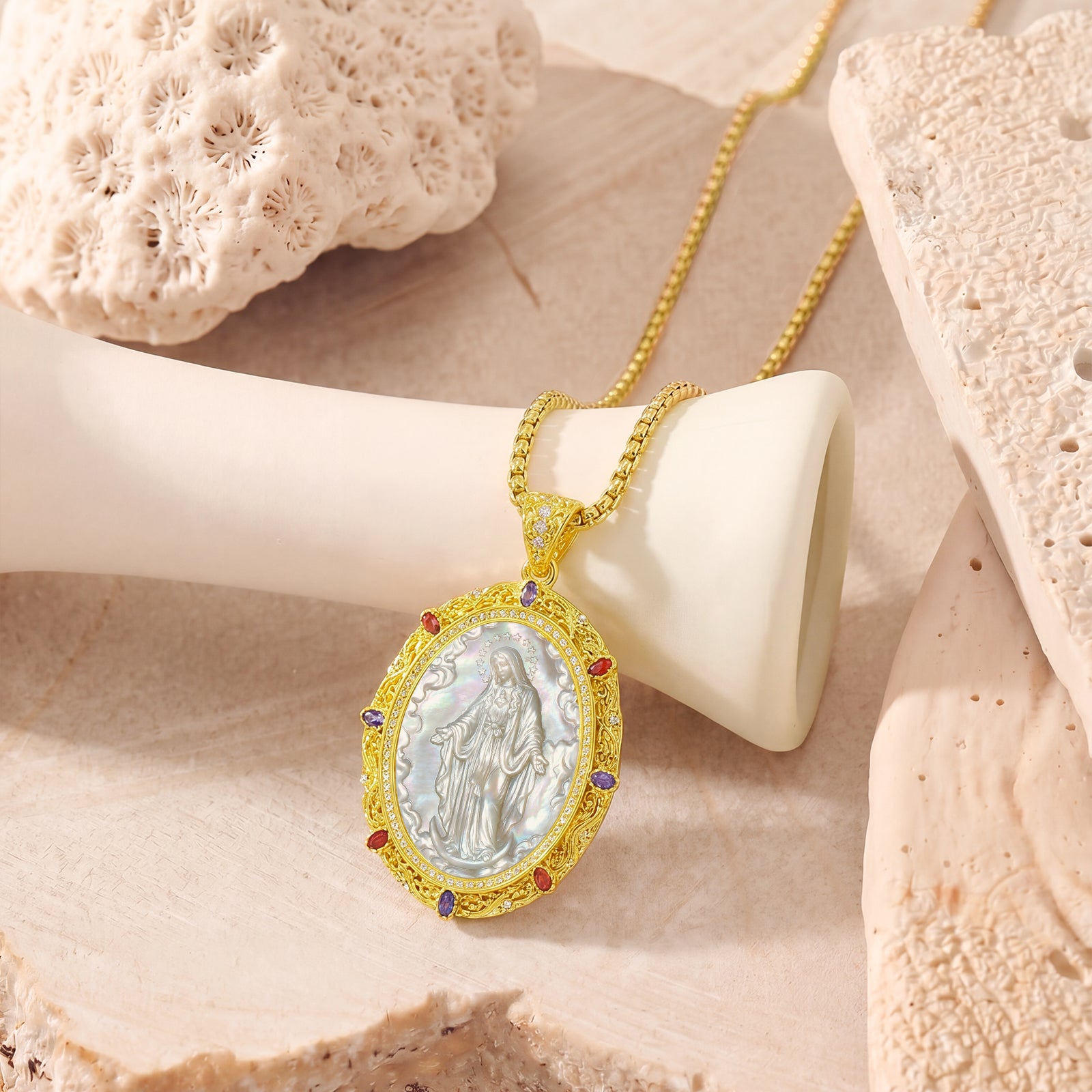 Miraculous Medal Necklace, 18K Gold Plated Virgin Mary Cameo Pendant