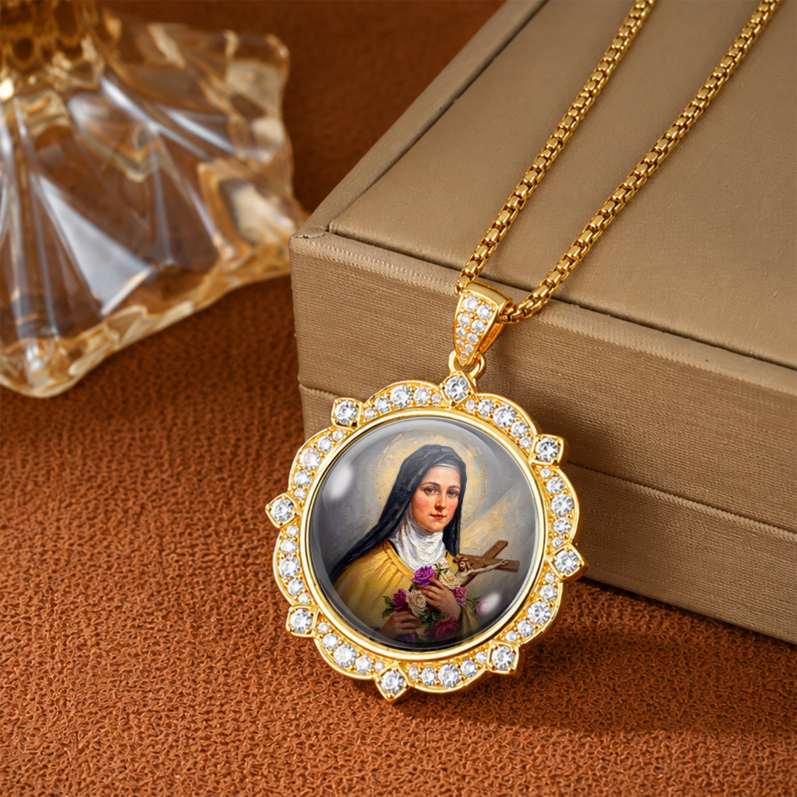 Saint Therese Little Flower Necklace, 18K Gold Plated Enamel Pendant, Zircon Accents