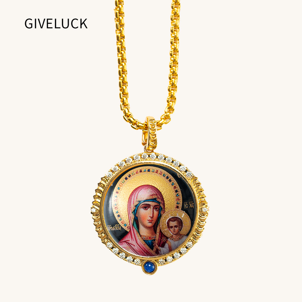 18k Plated Gold Pendant Necklace Enamel Catholic Our Lady of Kazan Virgin Mary Miraculous Medal for Women and Men