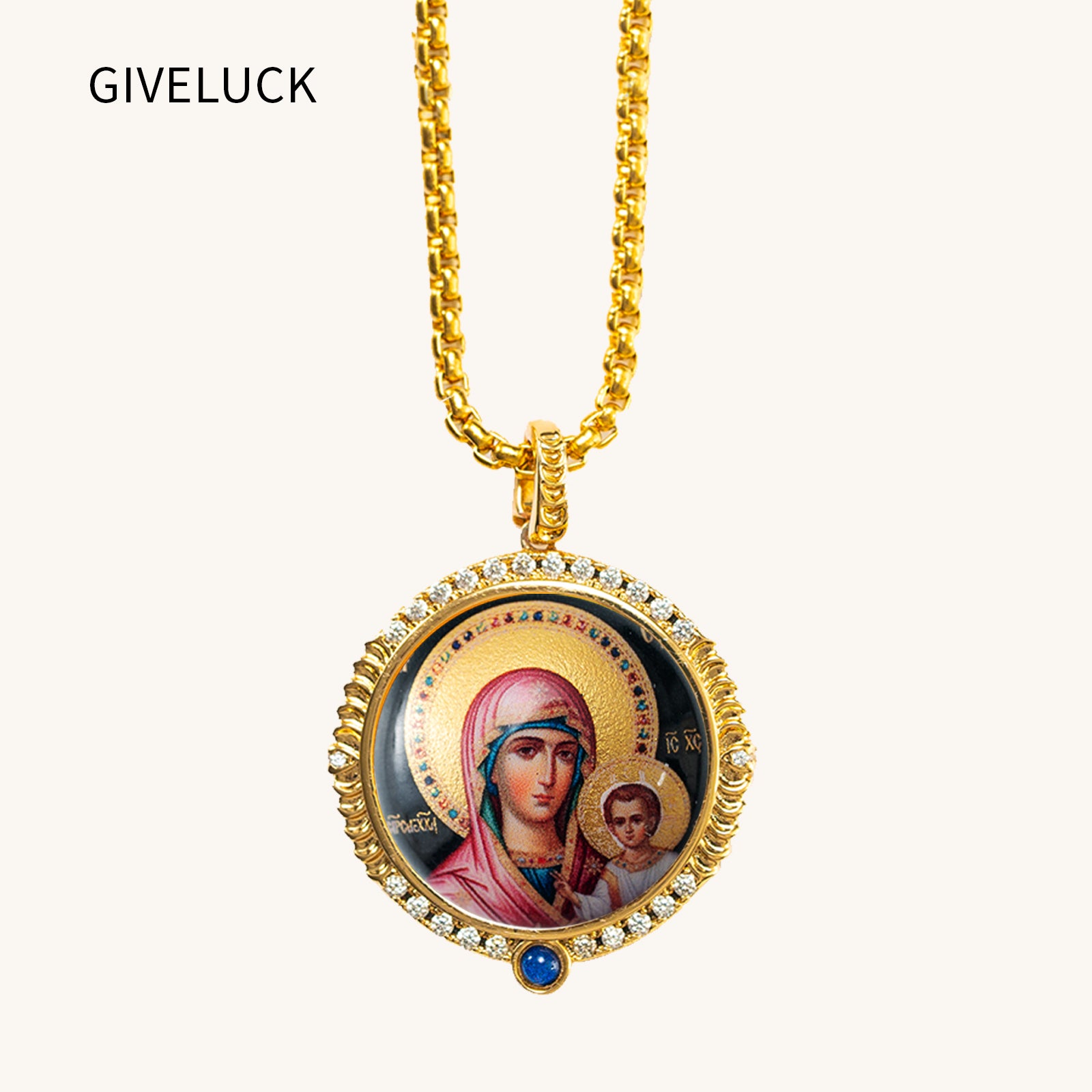 18k Plated Gold Pendant Necklace Enamel Catholic Our Lady of Kazan Virgin Mary Miraculous Medal for Women and Men
