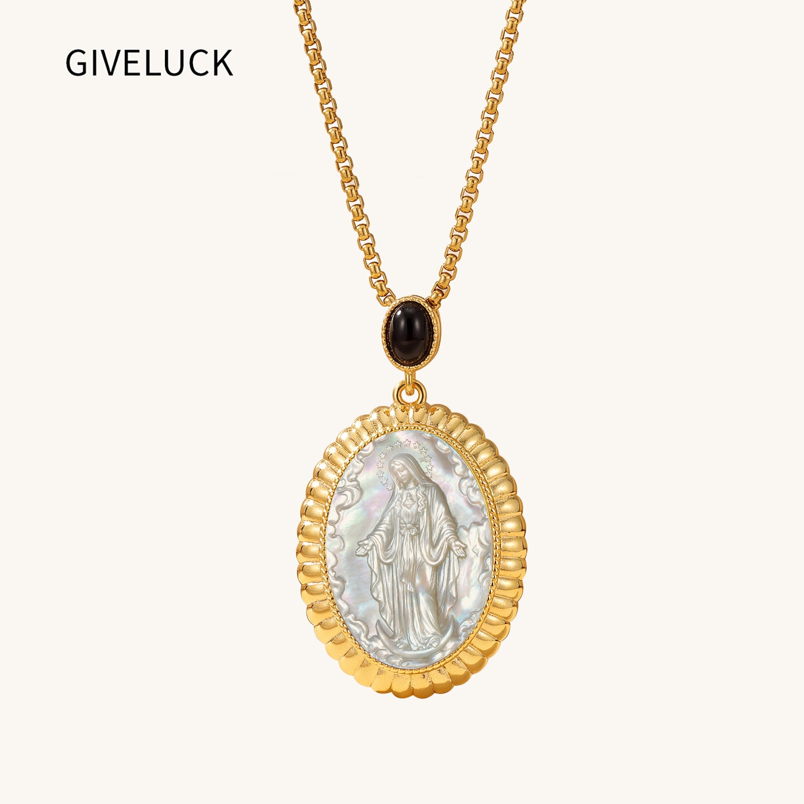 Miraculous Medal Necklace, 18K Gold Plated Virgin Mary Cameo Pendant