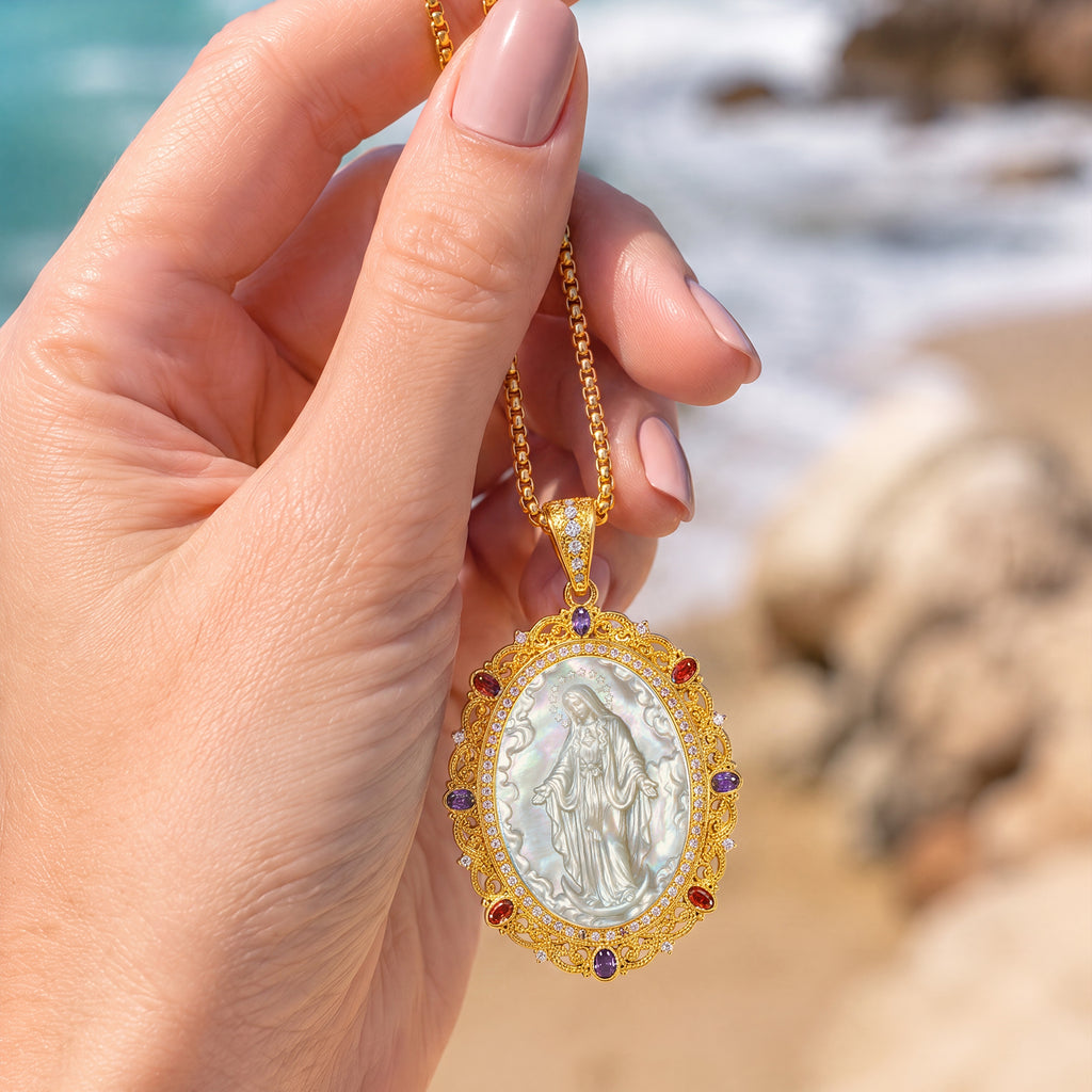 Miraculous Medal Necklace, 18K Gold Plated Virgin Mary Cameo Pendant