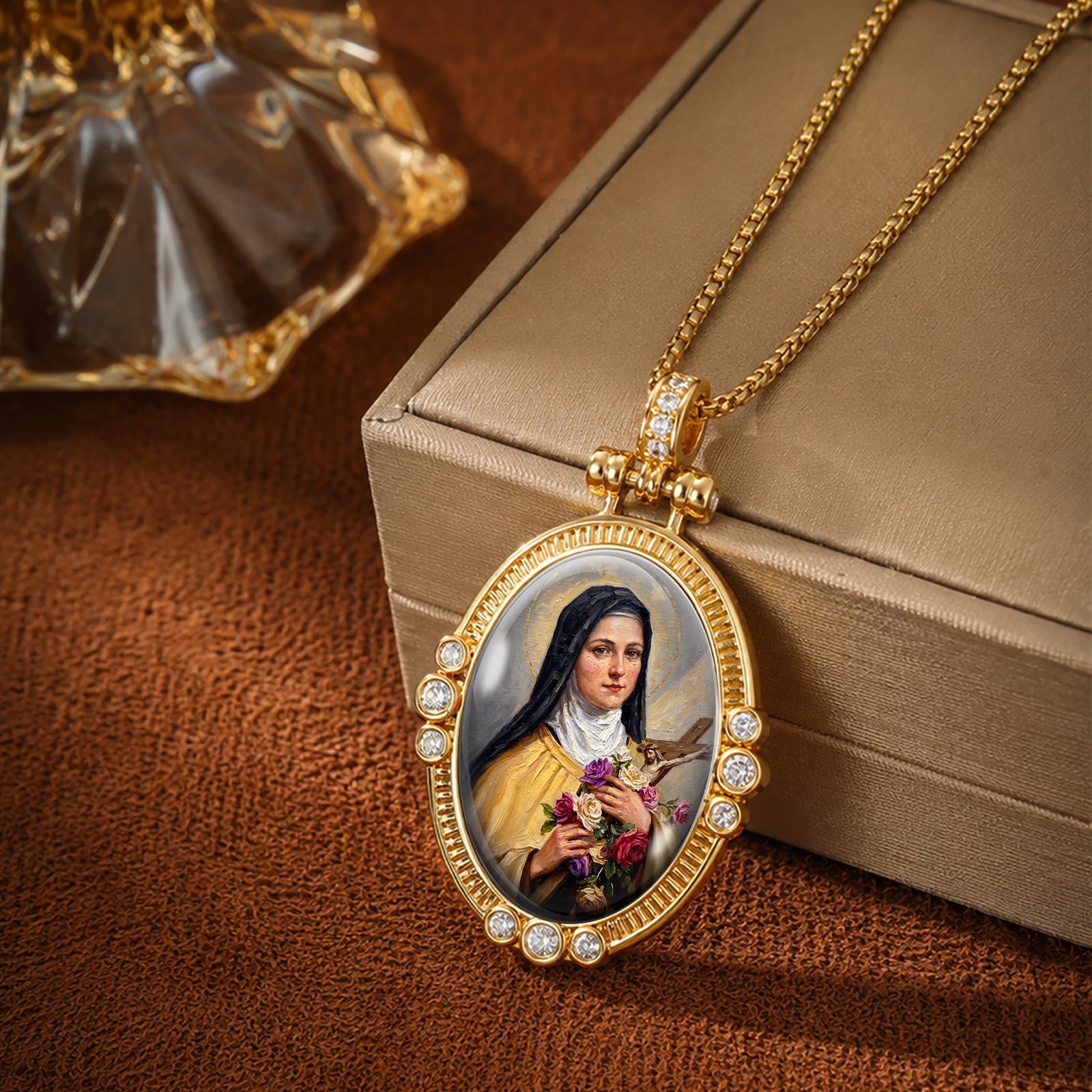 Saint Therese Little Flower Necklace, 18K Gold Plated Enamel Pendant, Zircon Accents
