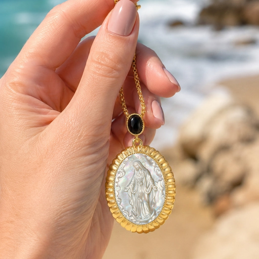 Miraculous Medal Necklace, 18K Gold Plated Virgin Mary Cameo Pendant