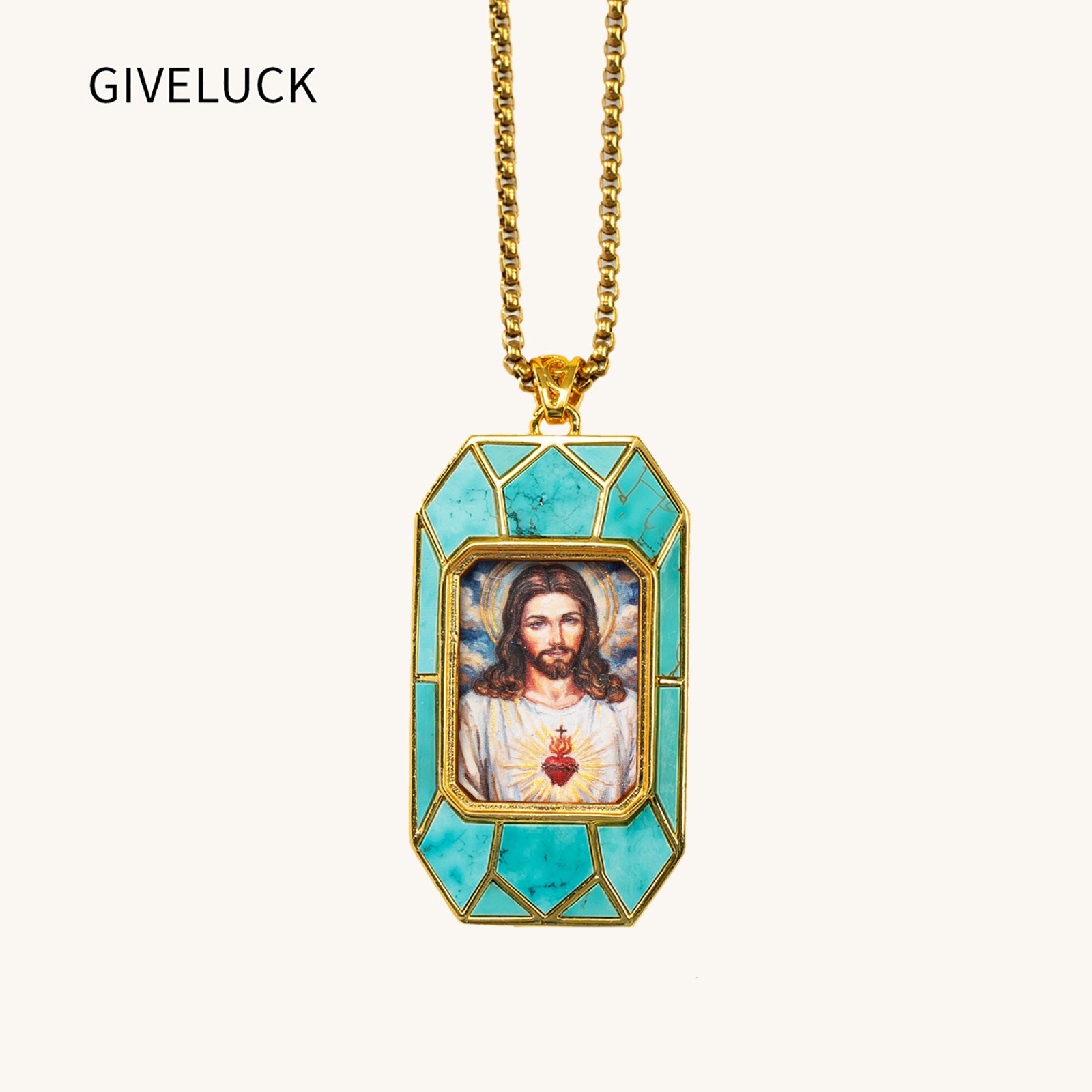 Sacred Heart Jesus Necklace, Christ Pendant, 18K Gold Plated Catholic Jewelry, Turquoise or Mother of Pearl Inlay, Hand Painted Medal