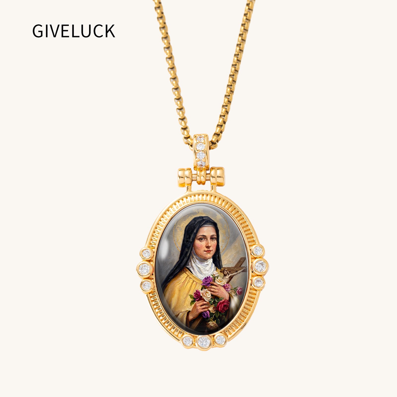 Saint Therese Little Flower Necklace, 18K Gold Plated Enamel Pendant, Zircon Accents