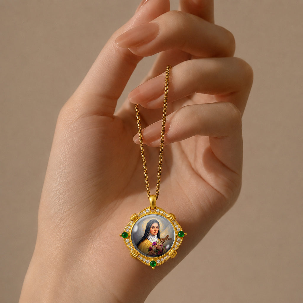 Saint Therese Little Flower Necklace, 18K Gold Plated Enamel Pendant, Zircon Accents