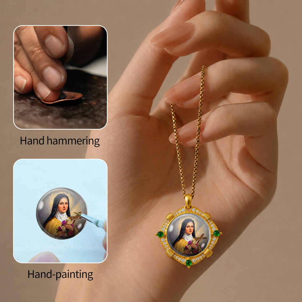Saint Therese Little Flower Necklace, 18K Gold Plated Enamel Pendant, Zircon Accents