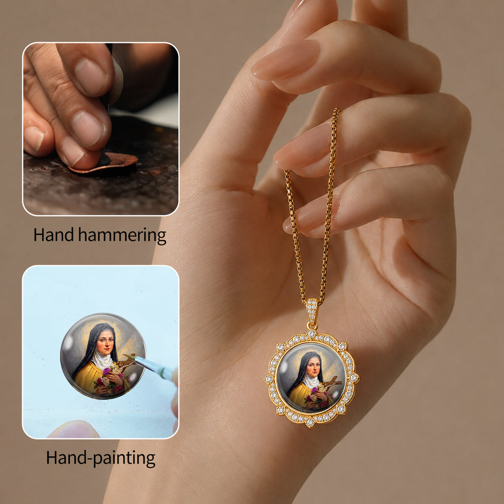 Saint Therese Little Flower Necklace, 18K Gold Plated Enamel Pendant, Zircon Accents