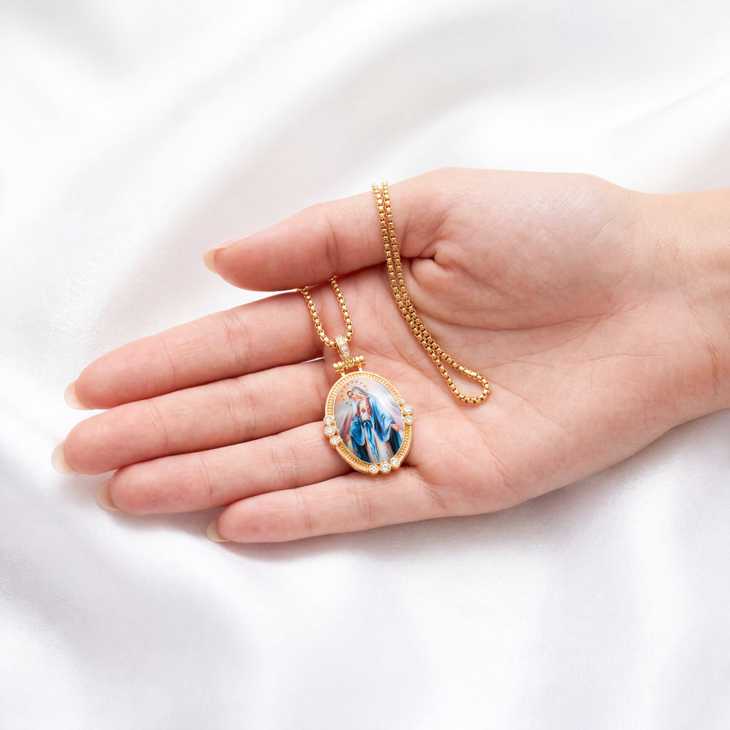 GIVELUCK 18k Plated Gold Pendant Necklace Enamel Eternal Halo Miraculous Medal for Women and Men