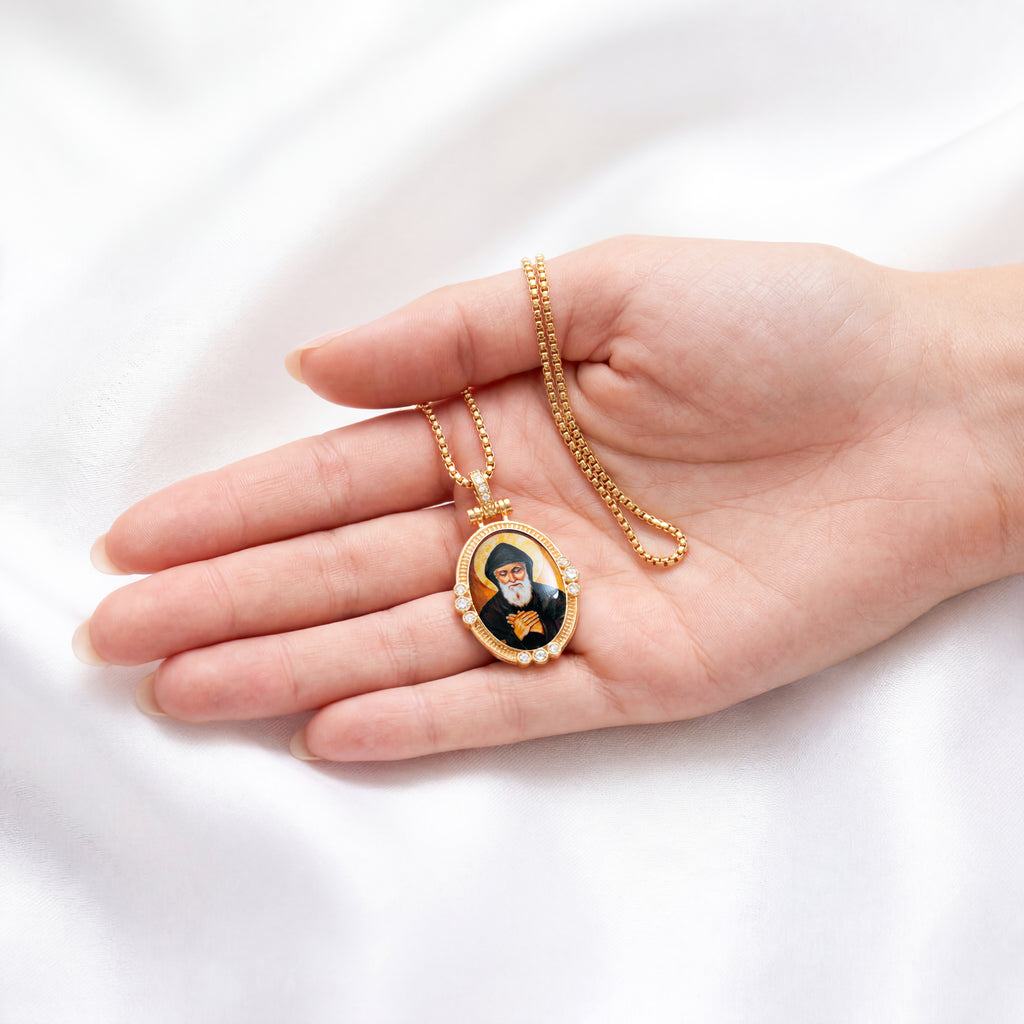 GIVELUCK 18k Plated Gold Pendant Necklace Enamel Eternal Halo St. Charbel Protection Necklace for Women and Men