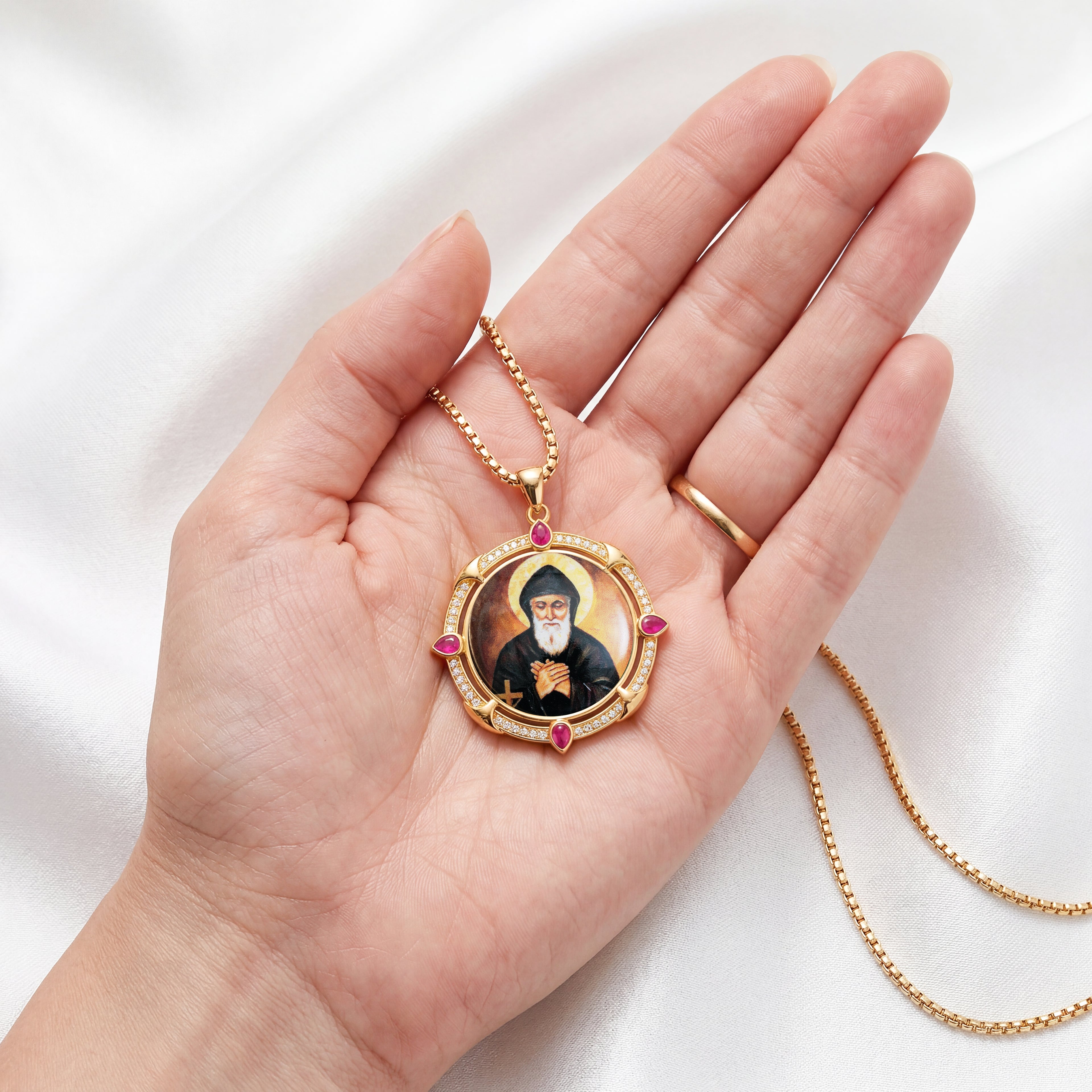GIVELUCK 18k Plated Gold Catholic Saint Charbel Devotional Medal Enamel Pendant Necklace