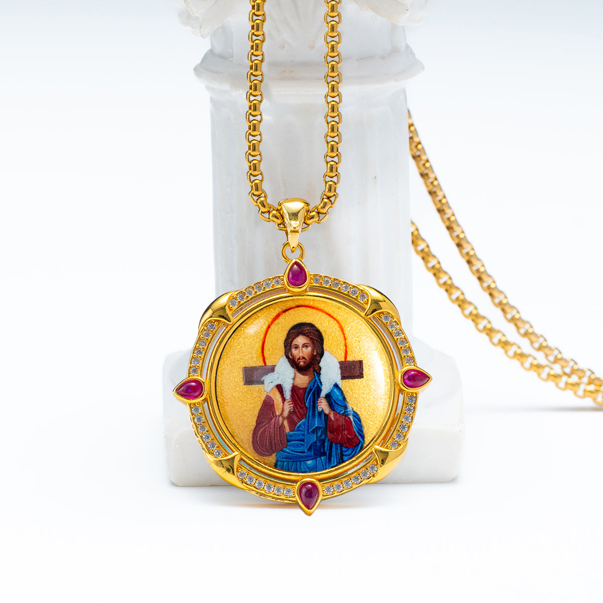 GIVELUCK 18k Plated Gold Pendant Necklace Enamel the Good Shepherd Jesus Christ Ruby Devotional Medal for Men and Women