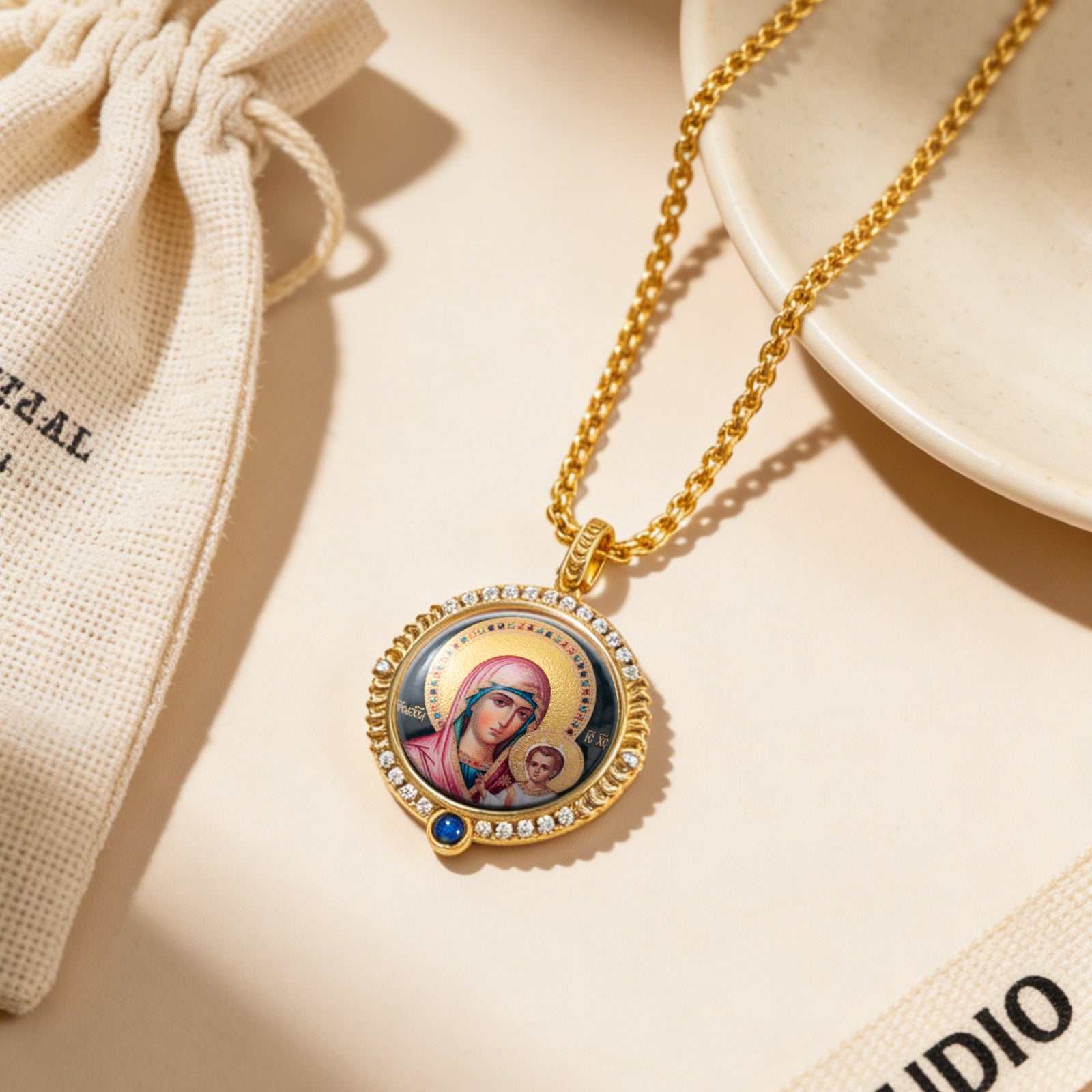 18k Plated Gold Pendant Necklace Enamel Catholic Our Lady of Kazan Virgin Mary Miraculous Medal for Women and Men