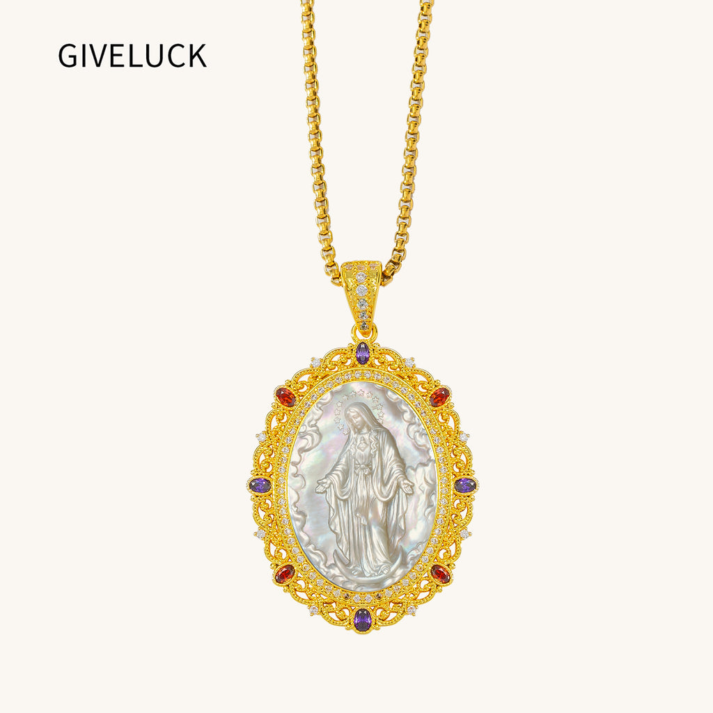 Miraculous Medal Necklace, 18K Gold Plated Virgin Mary Cameo Pendant