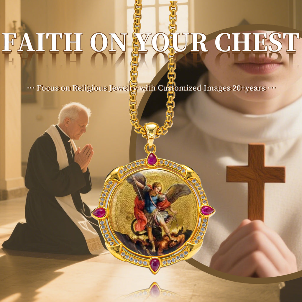GIVELUCK 18k Plated Gold Enamel Pendant Necklace Catholic Medal Saint  Archangel Michael Necklace for Men and Women