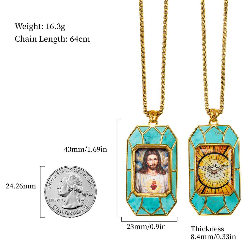 Sacred Heart Jesus Necklace, Christ Pendant, 18K Gold Plated Catholic Jewelry, Turquoise or Mother of Pearl Inlay, Hand Painted Medal