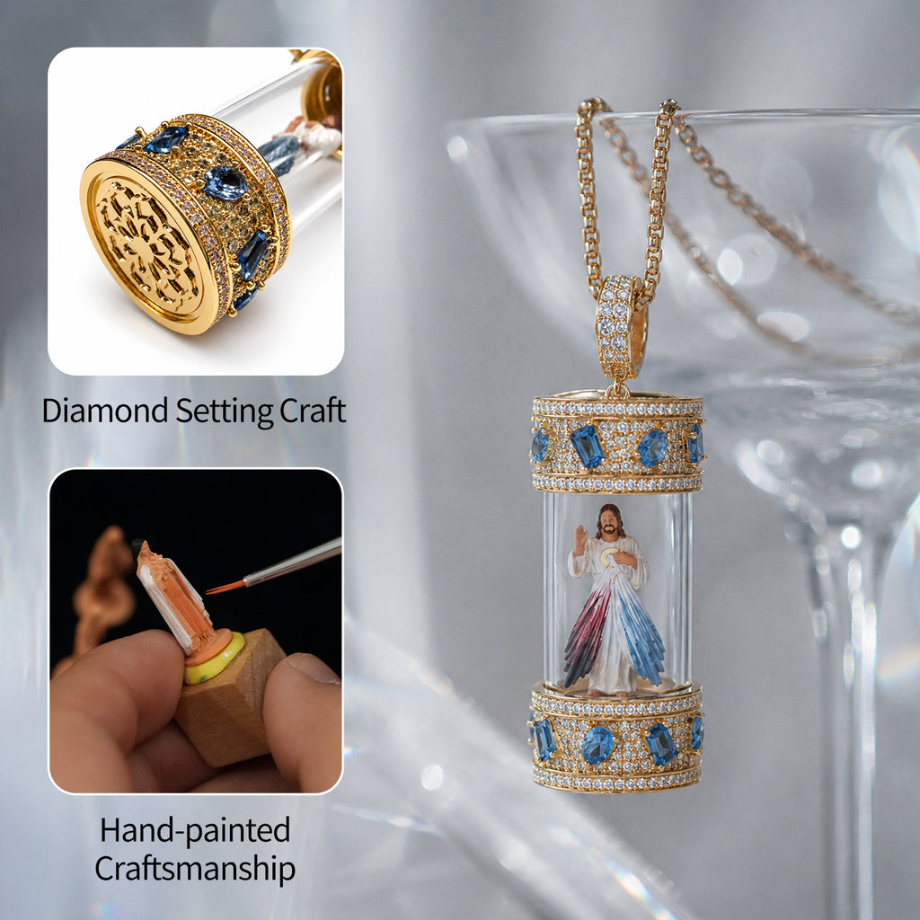 Divine Mercy Jesus Necklace, 18K Gold Plated Hand Painted Icon Pendant, Catholic Jewelry